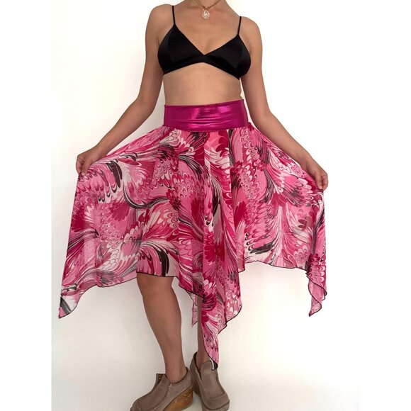 y2k pink fairy whimsy grunge dance sheer flowy chiffon asymmetric hem midi skirt - Picture 2 of 9